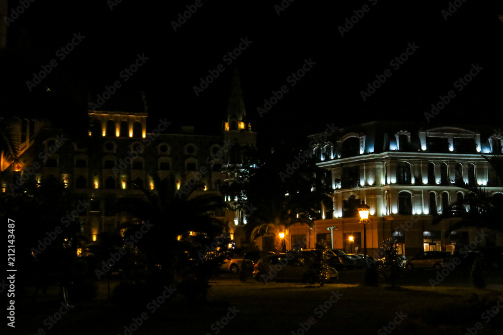 Illuminated Europe Square in Batumi. Night cityscape with modern architecture in Georgia