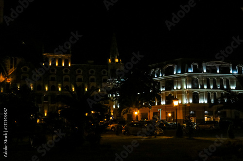 Illuminated Europe Square in Batumi. Night cityscape with modern architecture in Georgia