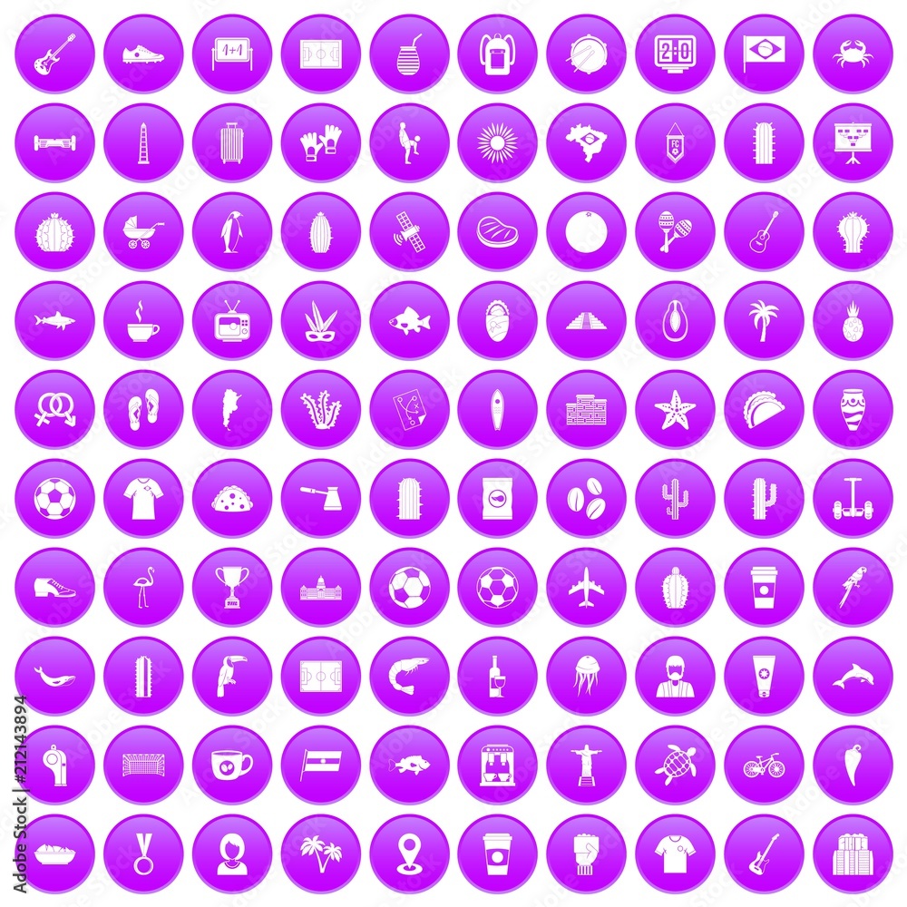 100 South America icons set in purple circle isolated on white vector illustration 100 South America icons set in purple circle isolated on white vector illustration