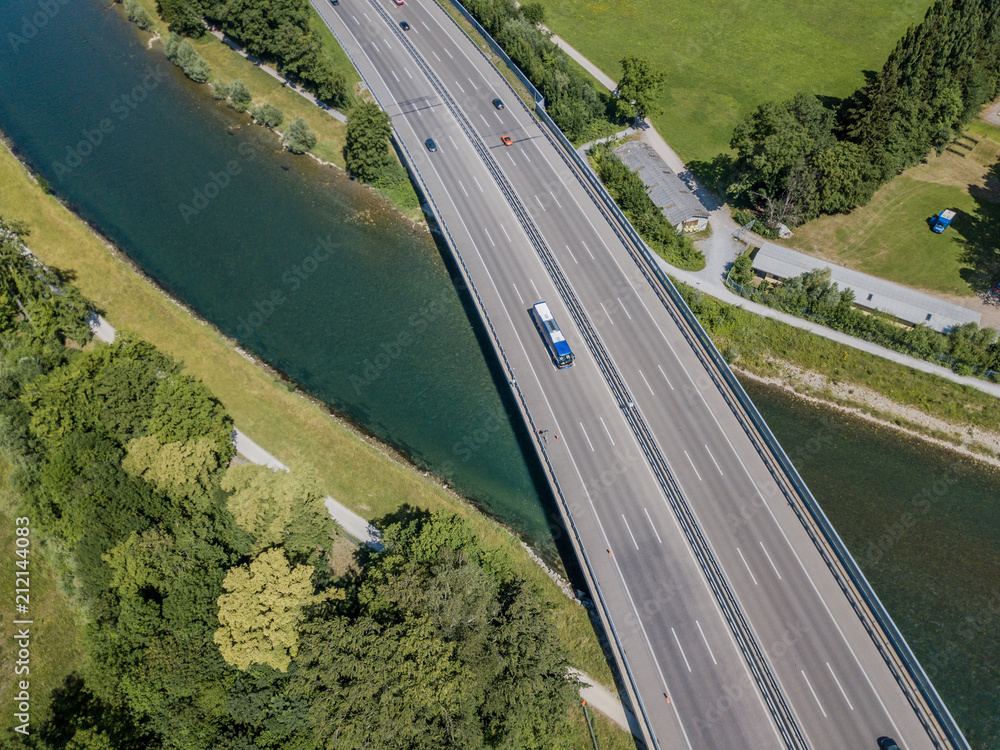 Aerial view of highway bridge over river near Zurich in Switzerland, Europe