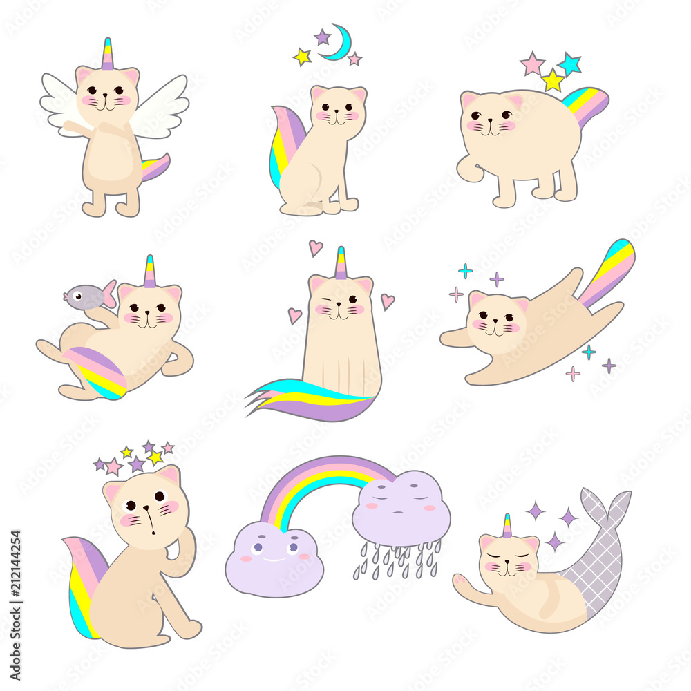 Obraz premium Small angelic kitten in the form of a unicorn with a rainbow