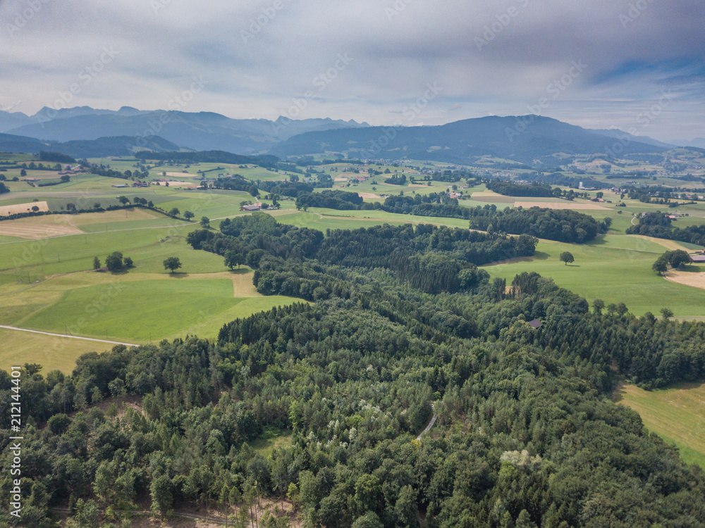Naklejka premium Aerial view of rural landscape in Switzerland