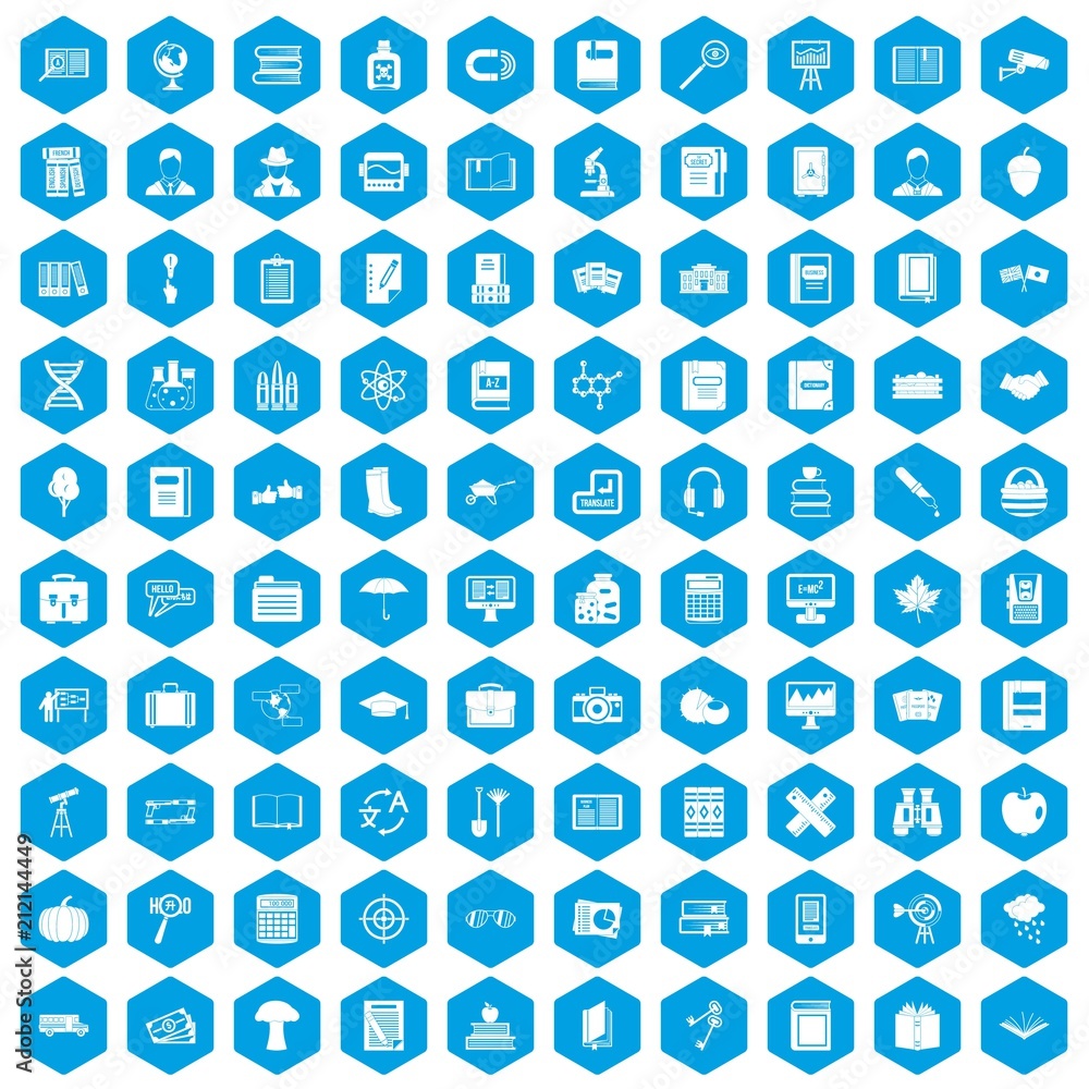 100 book icons set in blue hexagon isolated vector illustration 100 book icons set in blue hexagon isolated vector illustration