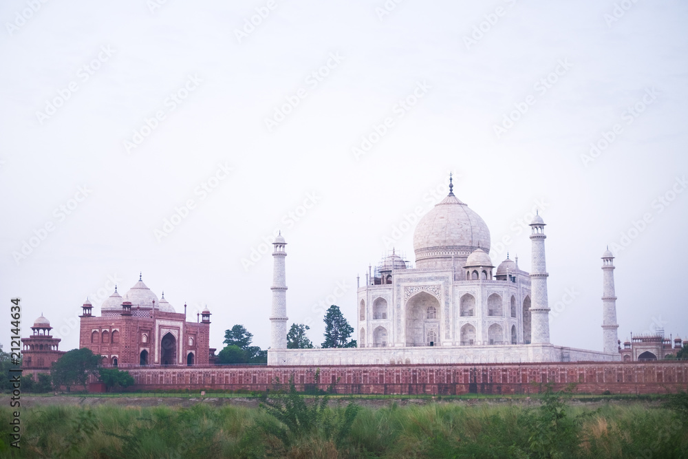 Taj Mahal symbol of hinduism religion. Non traditional photo of Taj Mahal. Morning sunrise. Summer time. Concept of traveling and vacation.