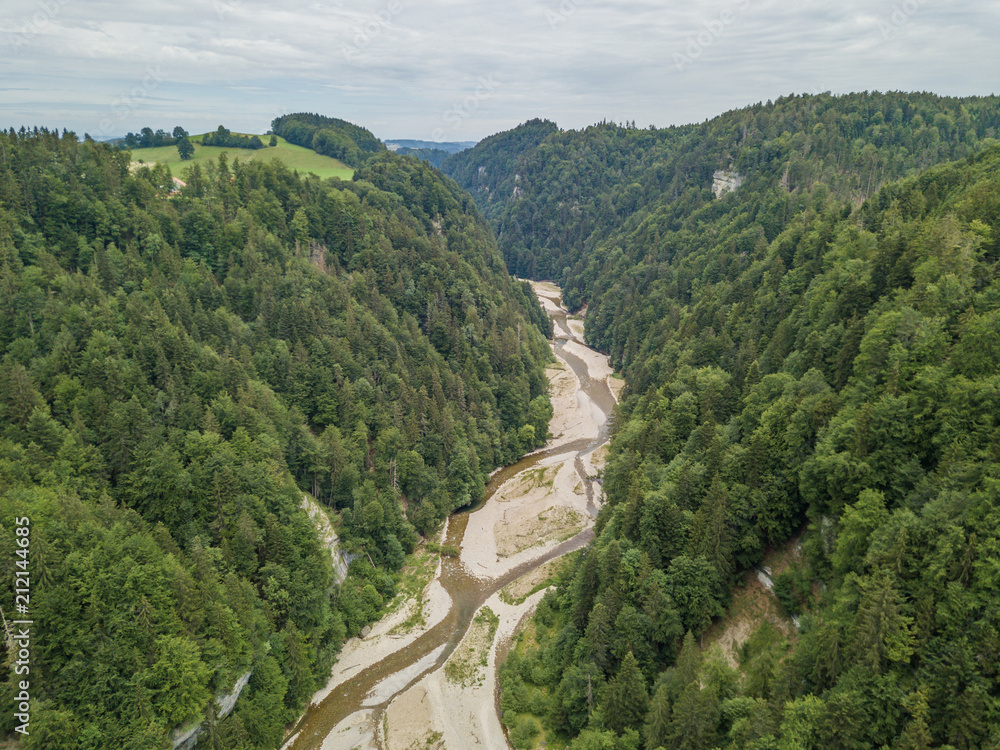 Aerial view of wild Sense river in Fribourg, Switzerland