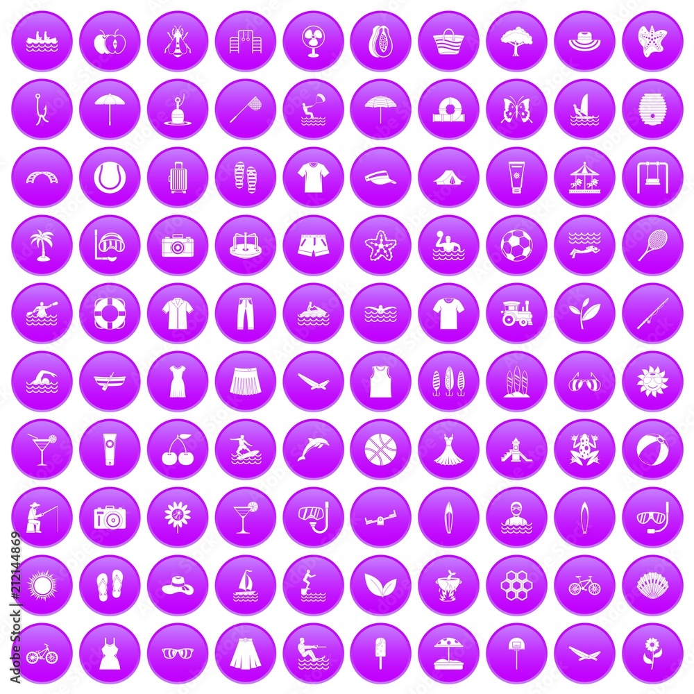 100 summer icons set in purple circle isolated on white vector illustration 100 summer icons set in purple circle isolated on white vector illustration