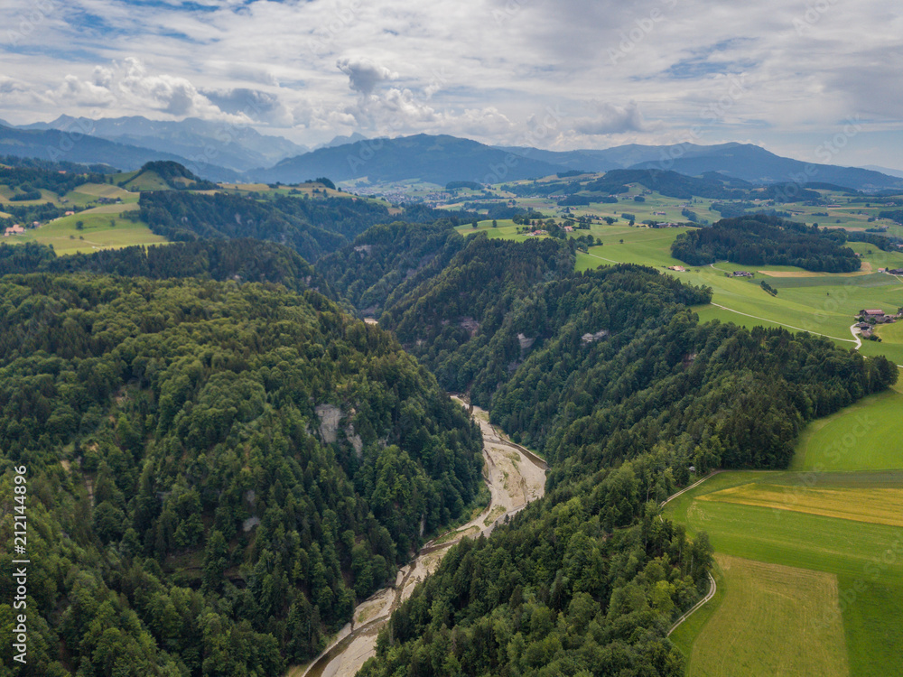 Aerial view of wild Sense river in Fribourg, Switzerland Aerial view of wild Sense river in Fribourg, Switzerland