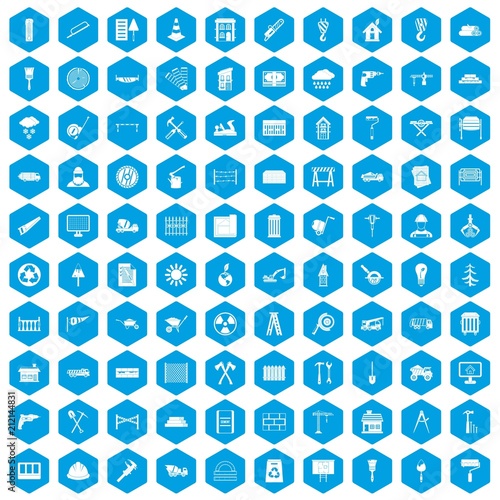 100 building materials icons set in blue hexagon isolated vector illustration