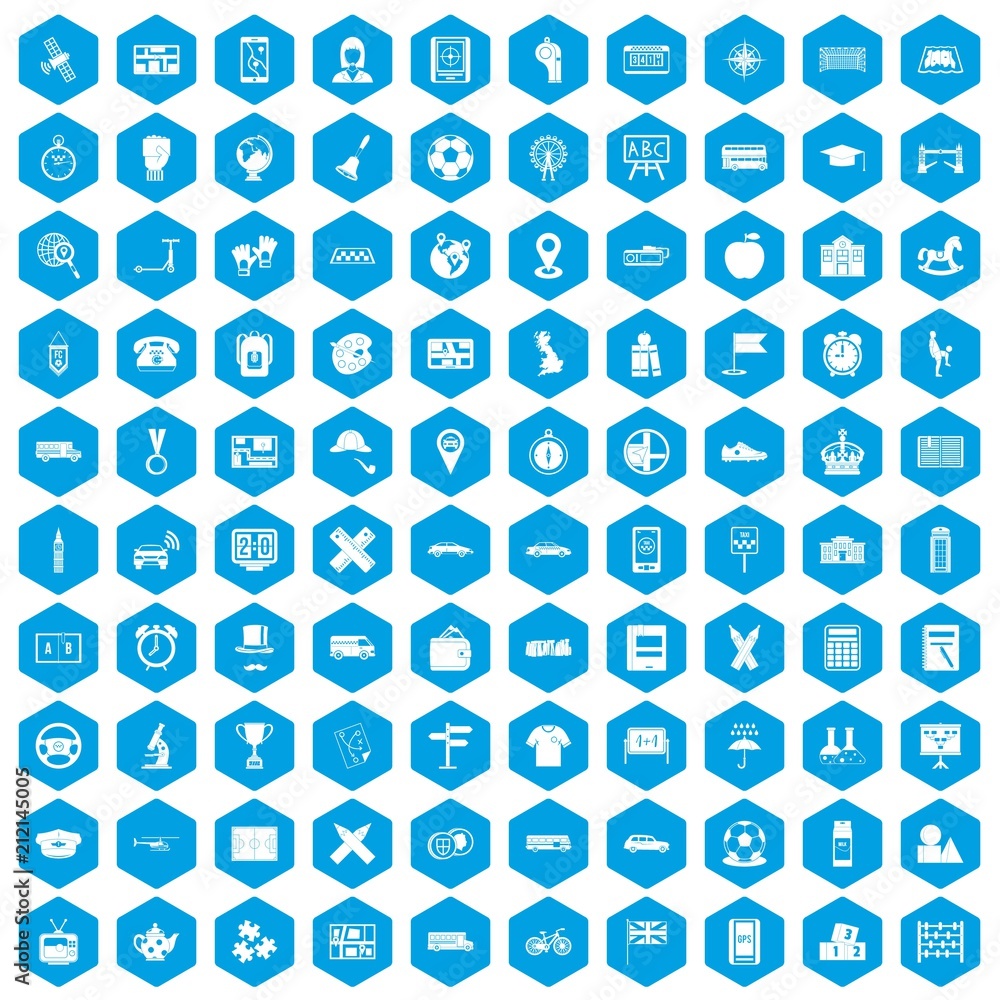 100 bus icons set in blue hexagon isolated vector illustration 100 bus icons set in blue hexagon isolated vector illustration