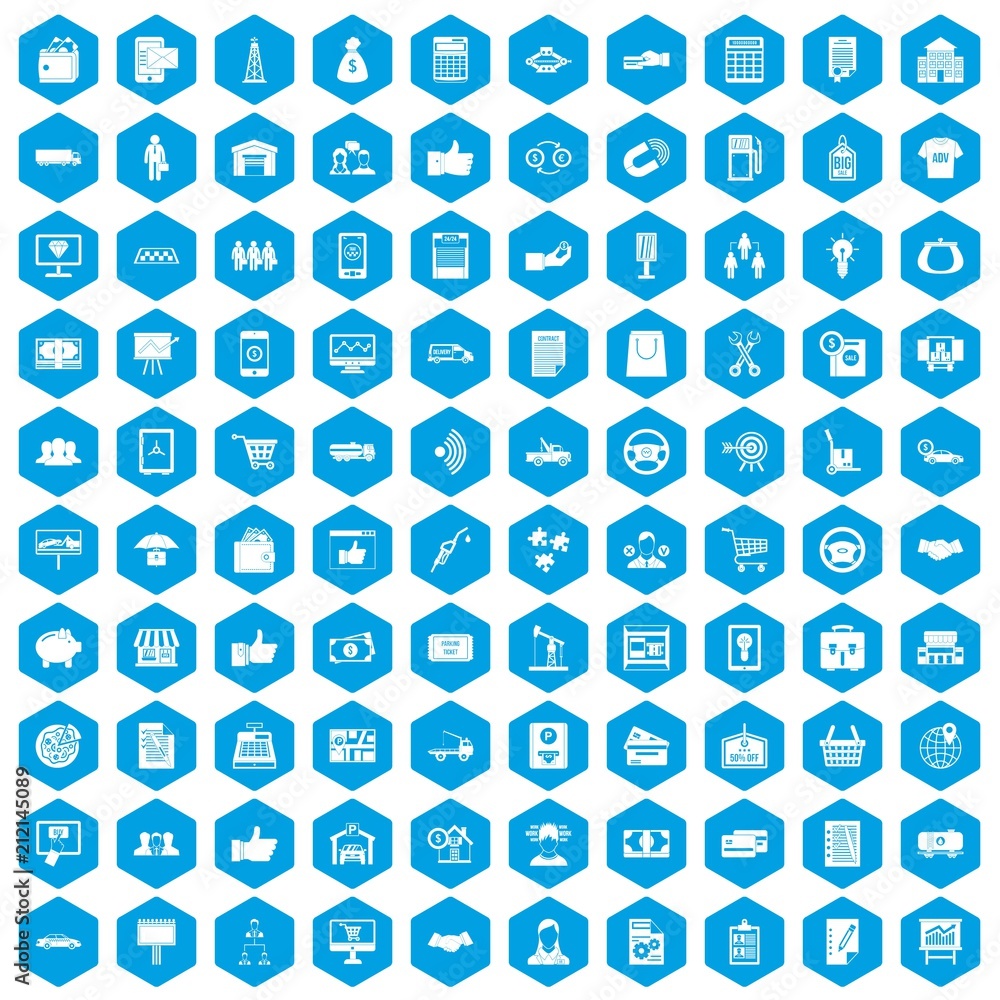 100 business icons set in blue hexagon isolated vector illustration 100 business icons set in blue hexagon isolated vector illustration