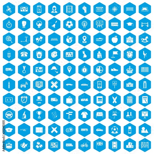 100 bus icons set in blue hexagon isolated vector illustration