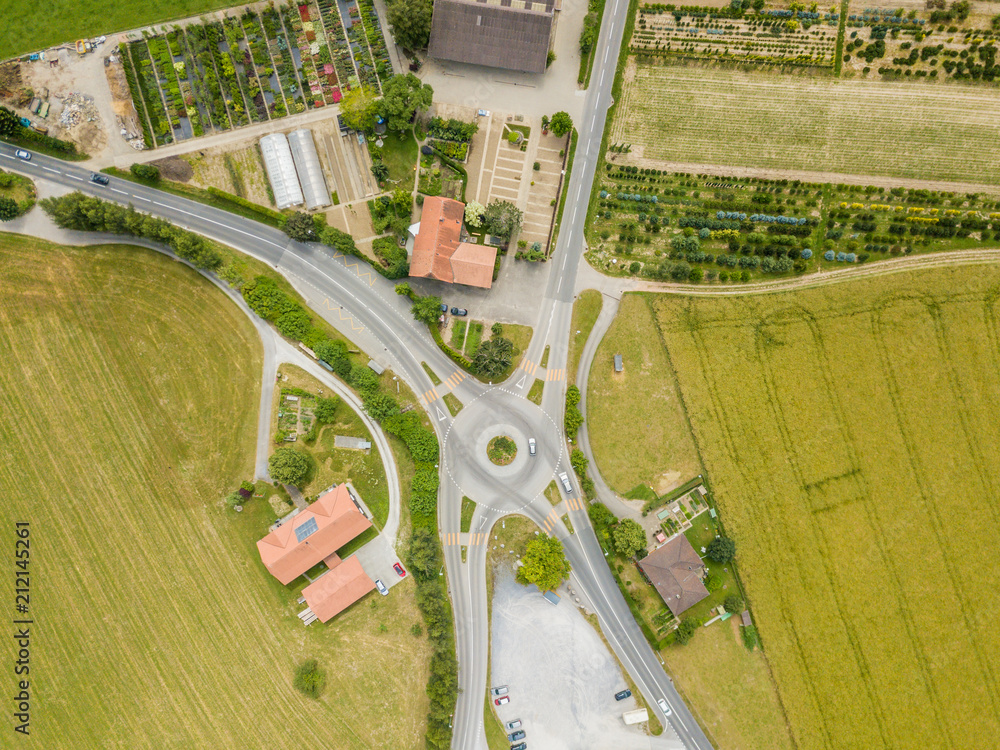 Aerial view of roundabout in rural area in Switzerland, Europe