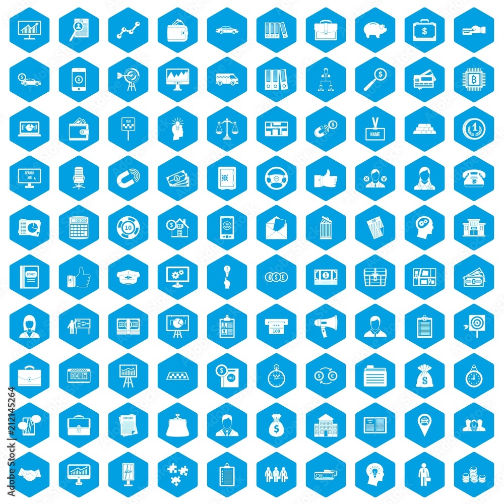100 business group icons set in blue hexagon isolated vector illustration 100 business group icons set in blue hexagon isolated vector illustration