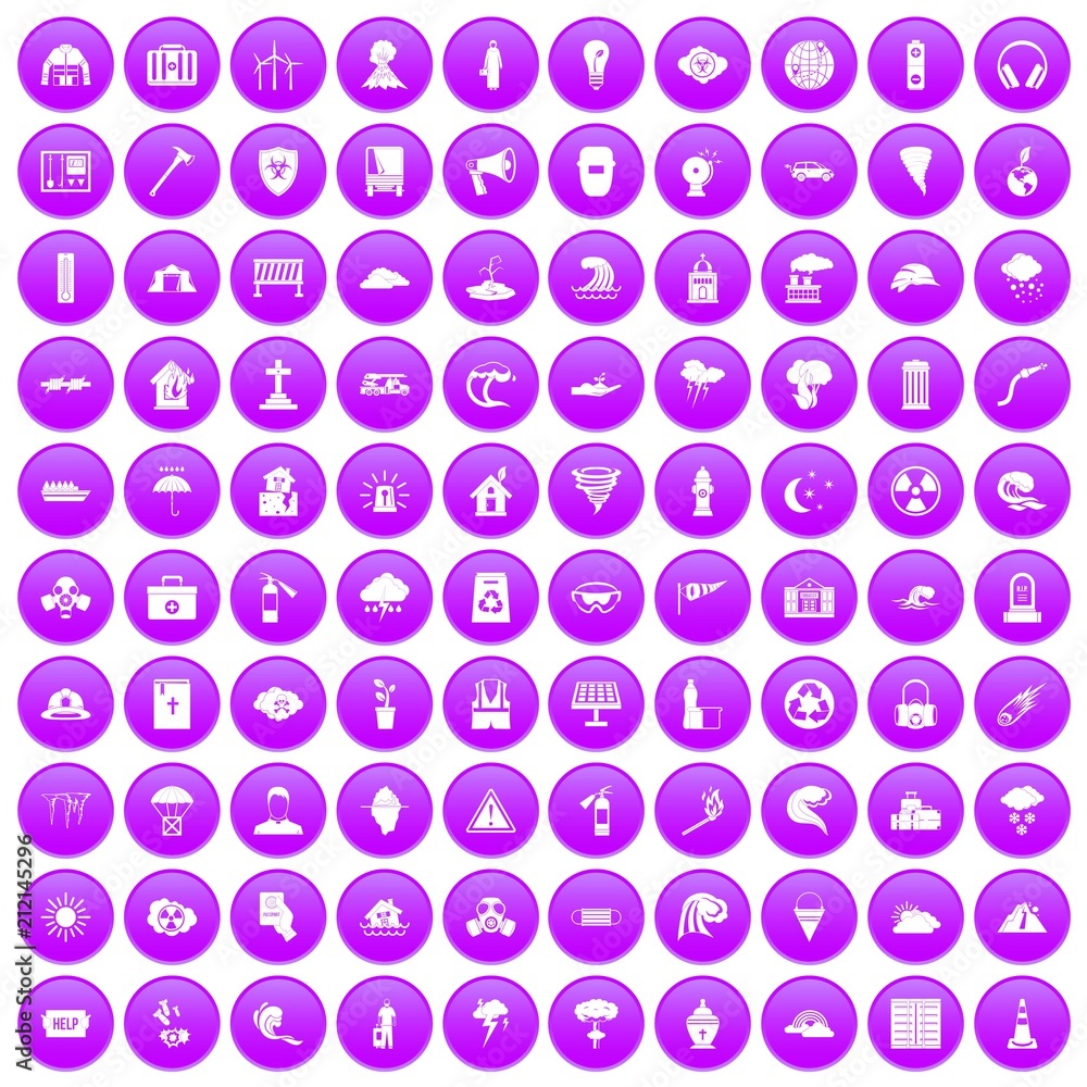 100 disaster icons set in purple circle isolated vector illustration 100 disaster icons set in purple circle isolated vector illustration