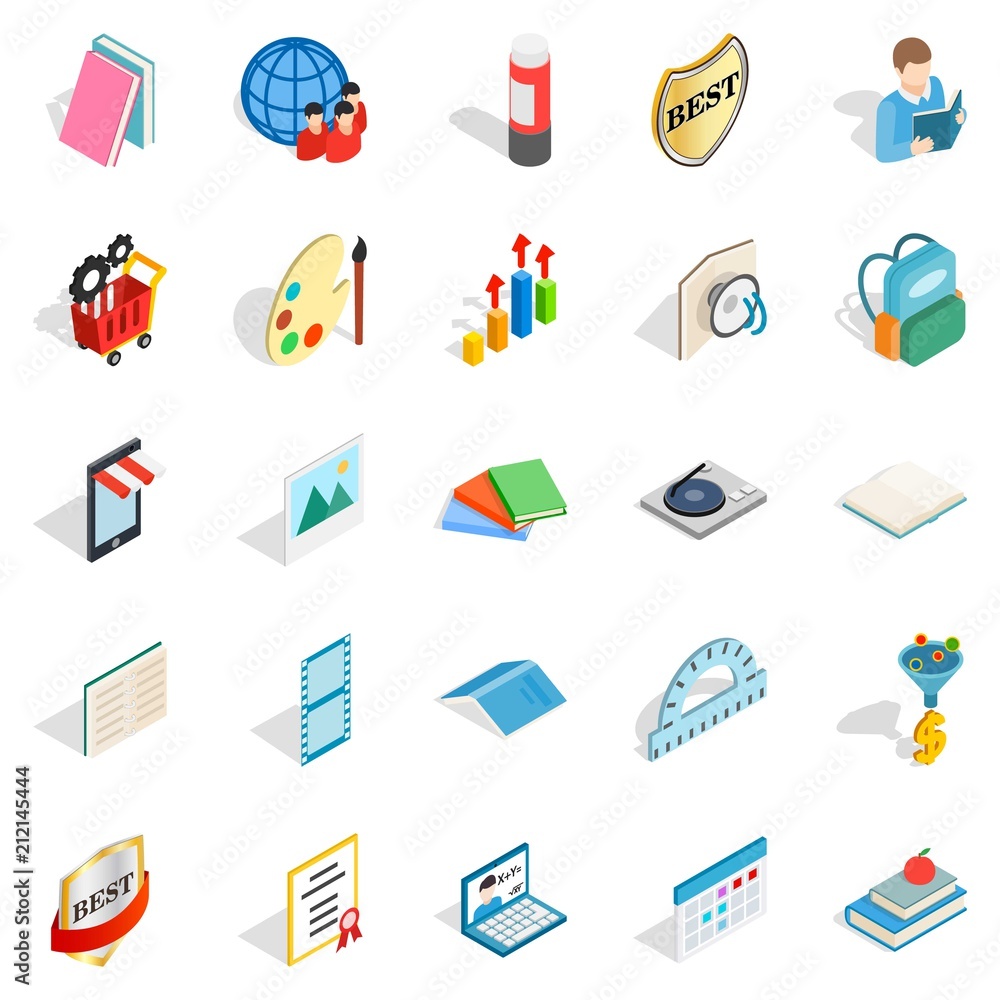 Book art icons set. Isometric set of 25 book art vector icons for web isolated on white background Book art icons set. Isometric set of 25 book art vector icons for web isolated on white background