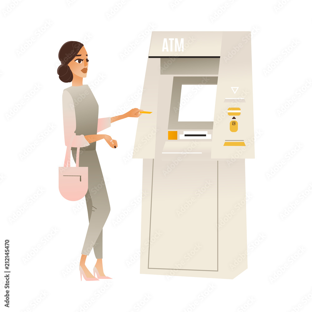 Young woman standing at ATM money machine communication with bank terminal  interface to withdraw money or make transaction holding debit card. Vector  cartoon illustration Stock Vector | Adobe Stock