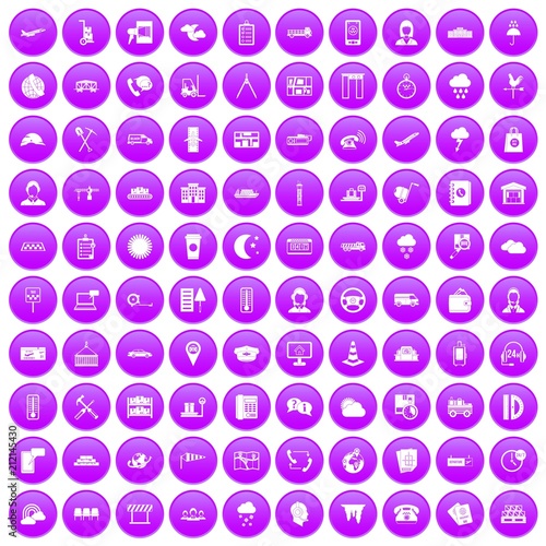 100 dispatcher icons set in purple circle isolated vector illustration