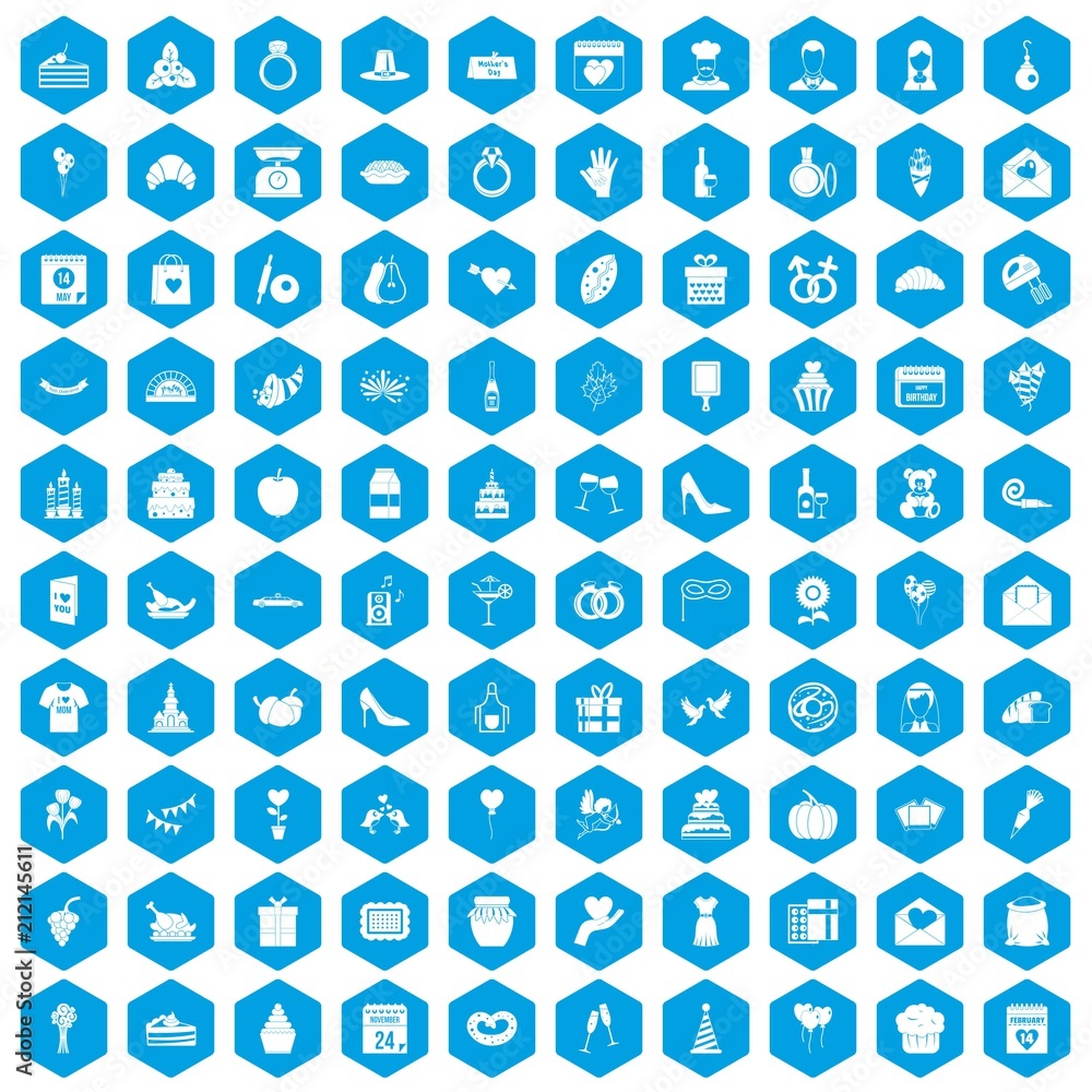 100 cake icons set in blue hexagon isolated vector illustration 100 cake icons set in blue hexagon isolated vector illustration