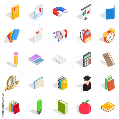 Textbook icons set. Isometric set of 25 textbook vector icons for web isolated on white background