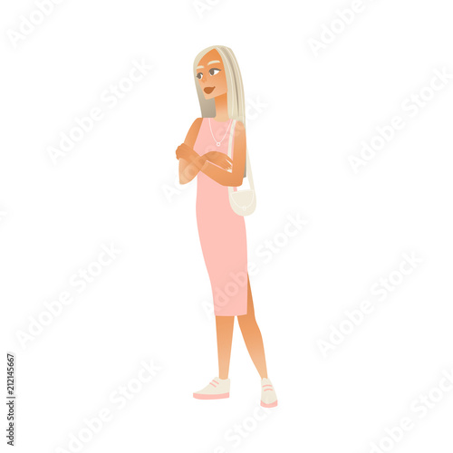 Cute young woman standing in pink dress, white sneakers with arms crossed smiling. Beautiful blonde female character in casual clothing with handbag, purse at shoulder. Vector illustration