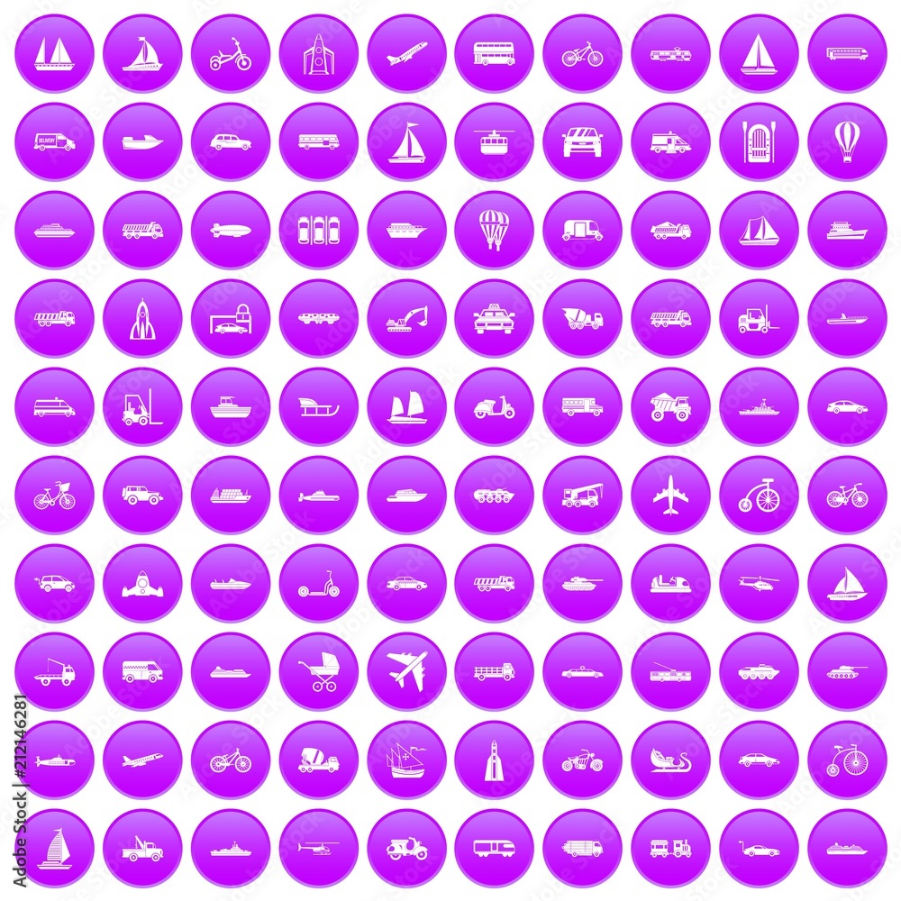 100 transportation icons set in purple circle isolated on white vector illustration 100 transportation icons set in purple circle isolated on white vector illustration