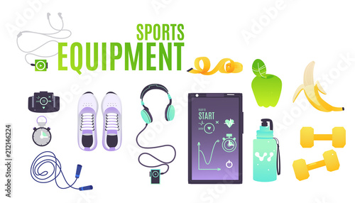 Sports equipment set with cartoon illustrations of necessary accessories for training isolated on white background. Vector clothes and footwear, food and gadgets for sportsperson.