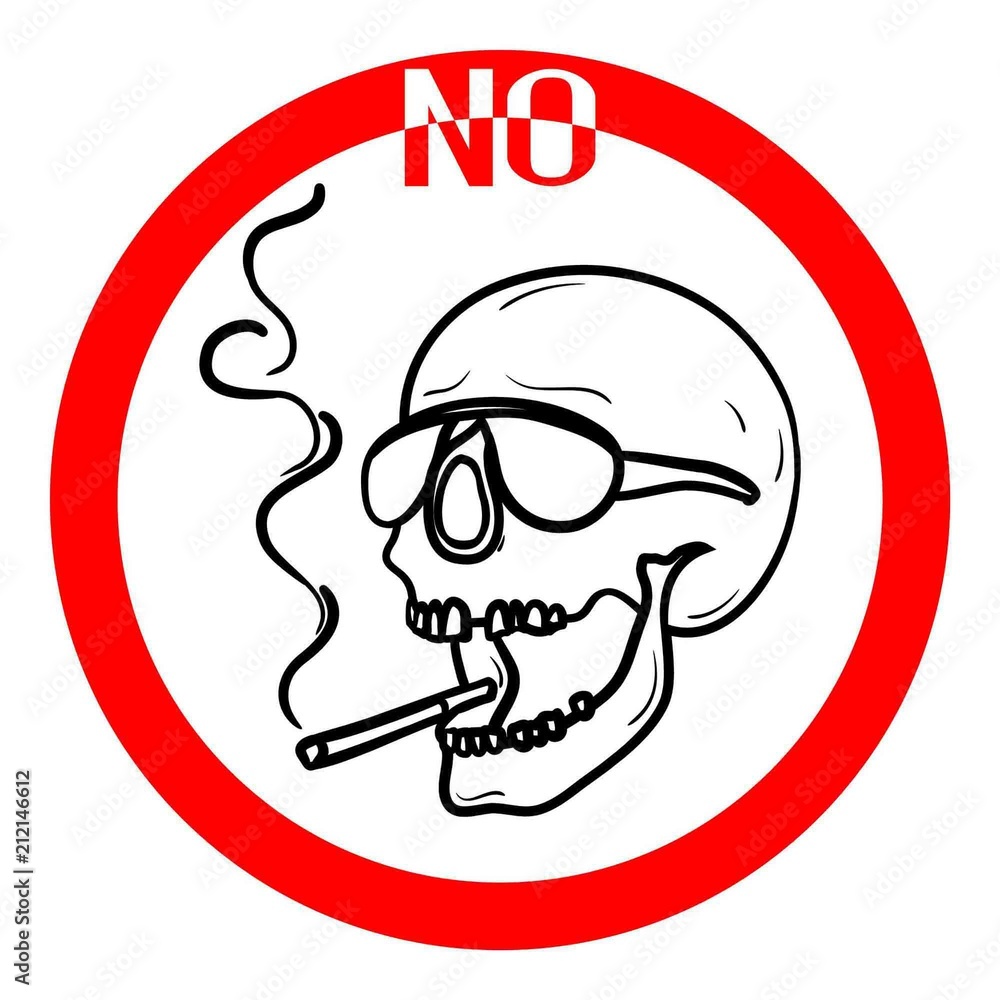 The Poster of World Day without Tobacco. A Black and White Contour of the Human Skull with Cigarette. The Smoking Stop Signal. Raster Illustration