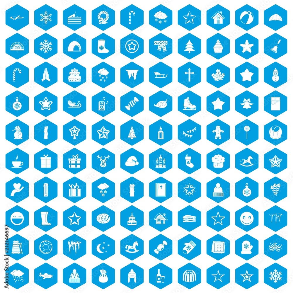 100 christmas icons set in blue hexagon isolated vector illustration 100 christmas icons set in blue hexagon isolated vector illustration