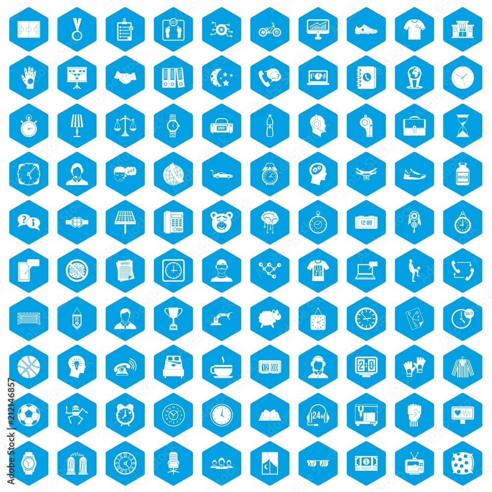 100 clock icons set in blue hexagon isolated vector illustration 100 clock icons set in blue hexagon isolated vector illustration