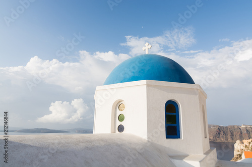 Details of a traditional Greek orthodox blue dome church, Santorini, Greece