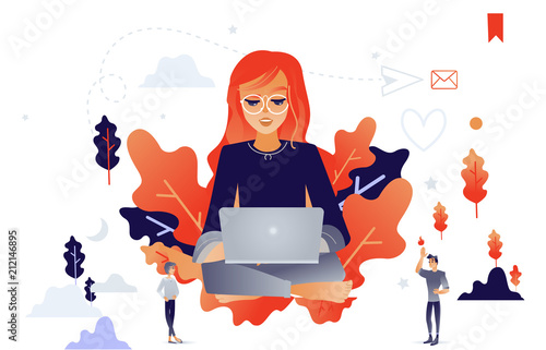 Cartoon social communication concept with young girl, woman in glasses sitting behind laptop taping, chatting, sending messages with people trees and abstract shapes on background. Vector illustration