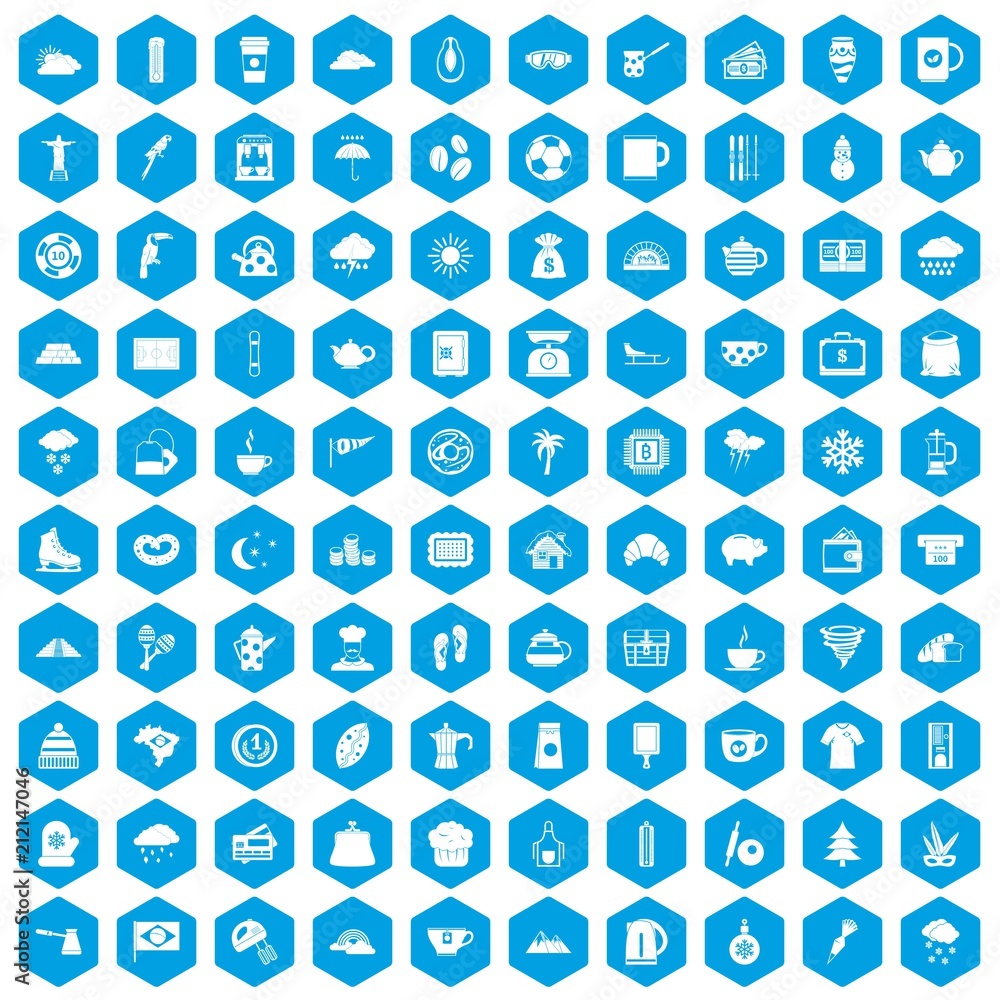 100 coffee cup icons set in blue hexagon isolated vector illustration 100 coffee cup icons set in blue hexagon isolated vector illustration