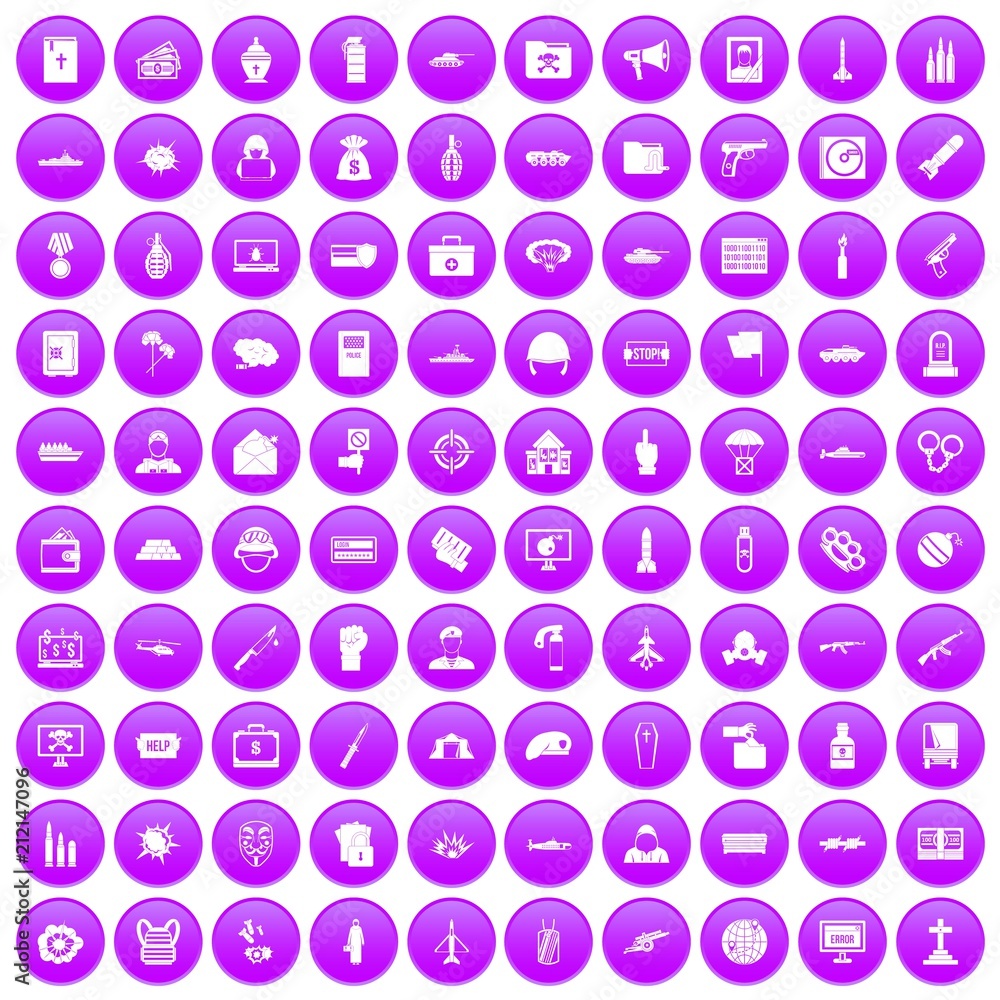 100 war icons set in purple circle isolated on white vector illustration 100 war icons set in purple circle isolated on white vector illustration