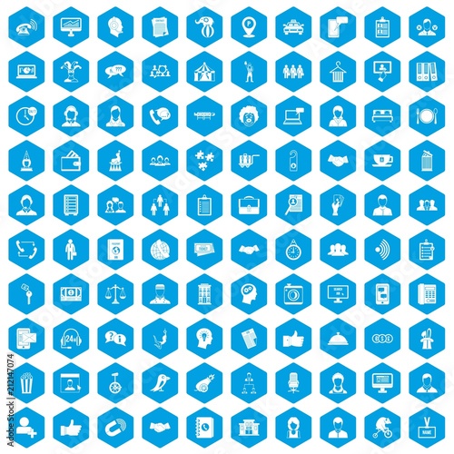 100 coherence icons set in blue hexagon isolated vector illustration