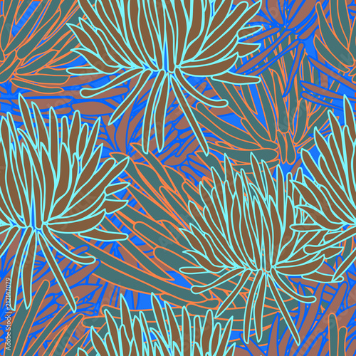Modern Succulents in Blue Orange Brown and Green, Seamless repeat Pattern.