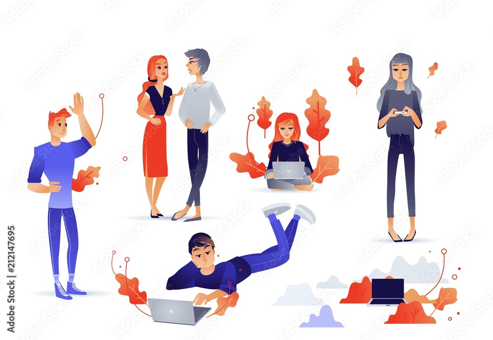 Cartoon social communication concept characters set. Young girls, women and  men chatting using digital devices or talking face to face. Vector  illustration Stock Vector | Adobe Stock