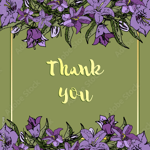 Vector square card with flowers. Thank you