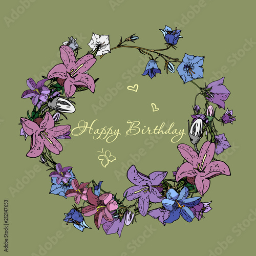 Vector card with flowers campanula