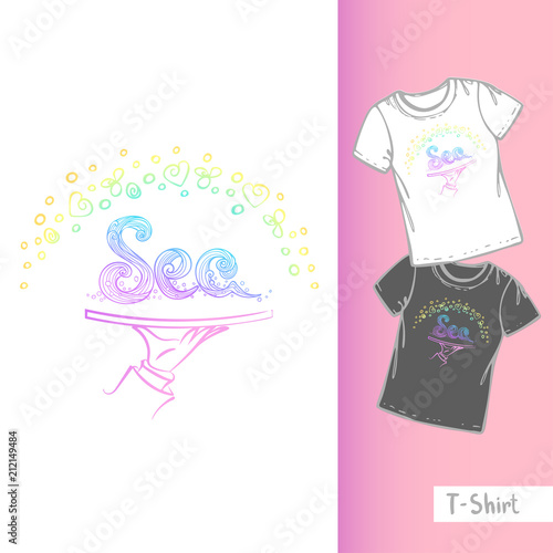 The waiter's hand holds the inscription SEA on the tray. Vector hand drawn line t-shirt template
