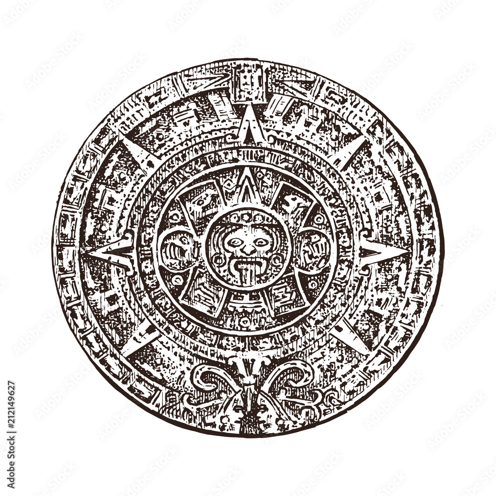 Vintage Mayan calendar. traditional native aztec culture. Ancient Monochrome Mexico. American Indians. Engraved hand drawn old sketch for label.