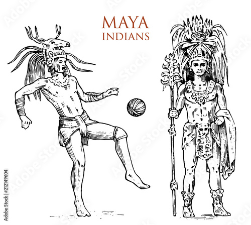 Maya Vintage style. Aztec culture. Portrait of a man, traditional costume and decoration on the head. Native tribe, Ancient Monochrome Mexico. engraved hand drawn old sketch. warrior for label.