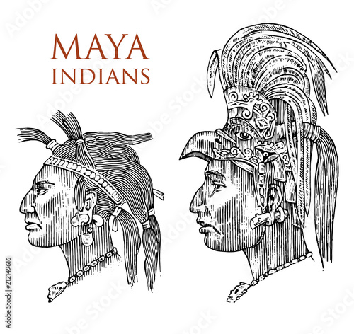 Maya Vintage style. Aztec culture. Portrait of a man, traditional costume and decoration on the head. Native tribe, Ancient Monochrome Mexico. engraved hand drawn old sketch. warrior for label.