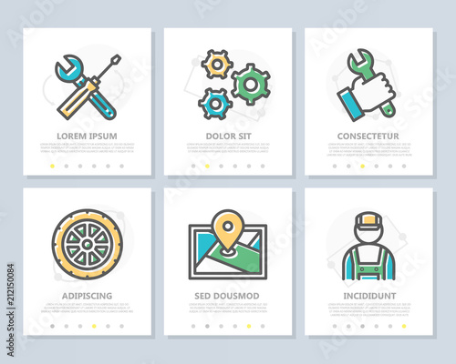 Set of vector car service and auto repair colored elements for multipurpose a4 presentation template. Leaflet, corporate report, marketing, advertising, book cover design.