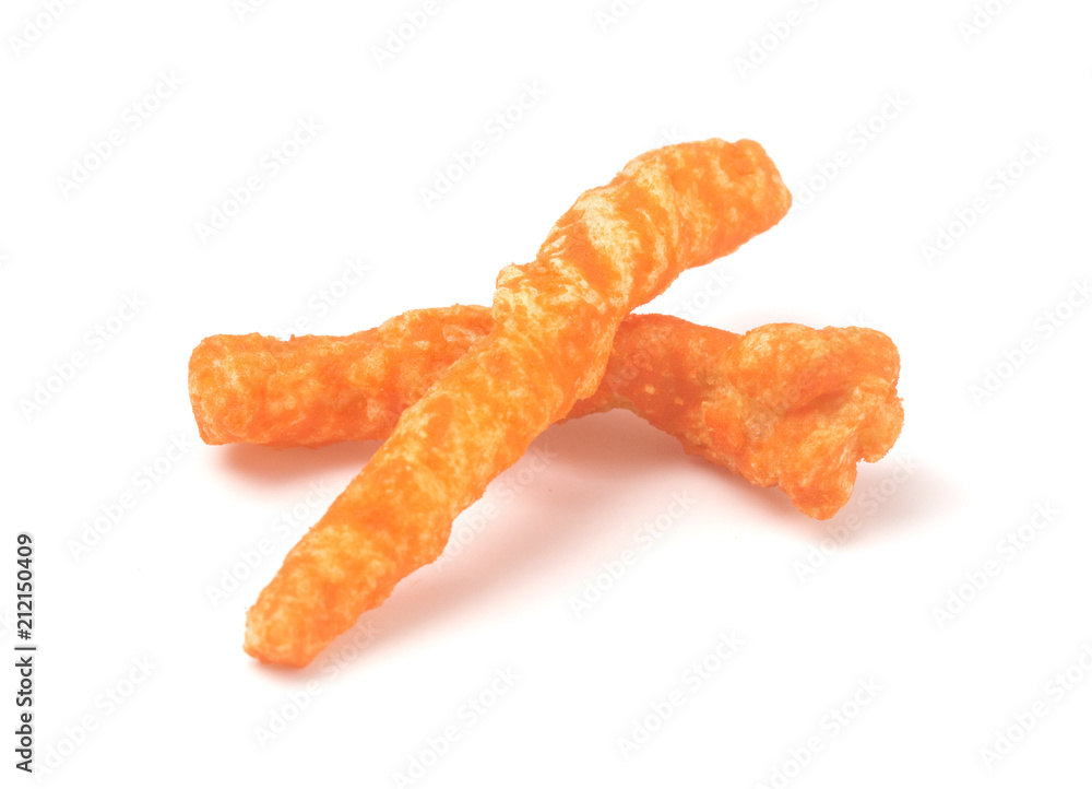 Long and Thing Crunchy Orange Cheesy Chips on a White Background Long and Thing Crunchy Orange Cheesy Chips on a White Background