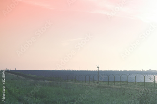 Morning on the field of solar panels. Ukraine