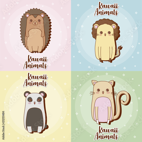 icon set of kawaii animals over colorful squares, vector illustration