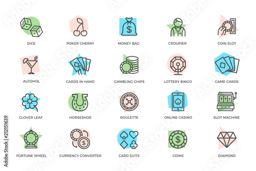 Set of vector gambling and casino colored line icons with titles. Dice, horseshoe, clover, roulette, jackpot slot machine, lottery bingo, game cards, croupier, fortune wheel and more.