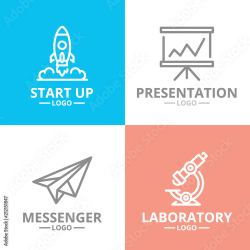 Set of vector startup and business logo or insignia, emblems, labels and badge. Vector line style