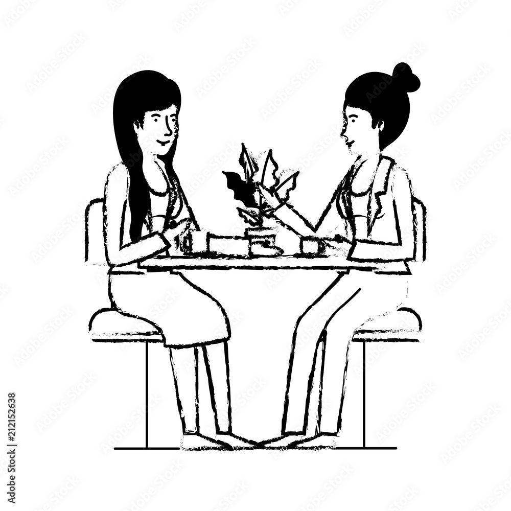 women in the table drinking coffee with house plant vector illustration design