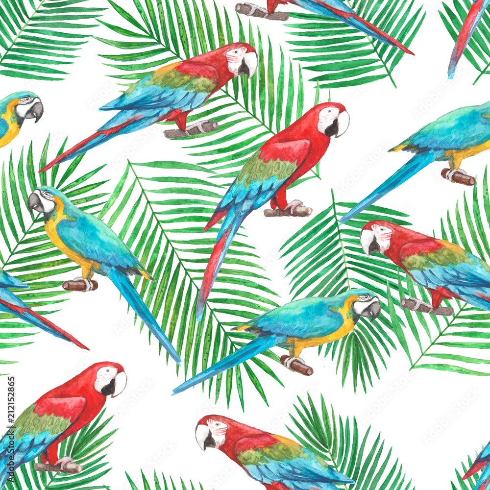 Seamless pattern of colorful tropical macaw parrots and palm leaves